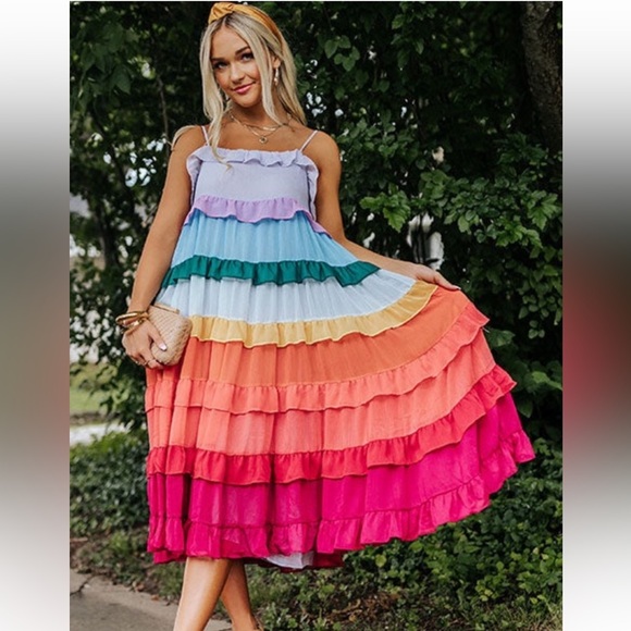 Storia Dresses & Skirts - NWOT Storia Rainbow Tiered Ruffled Midi Dress Women’s Small